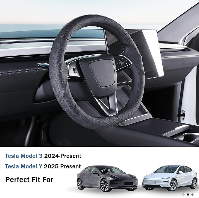 Steering Wheel Cover for Tesla Model 3 2024-Present Highland/Tesla Model Y Juniper 2025-Present, Leather Steering Wheel Cover for Tesla Model 3 Highland/Y Juniper Accessories, Black