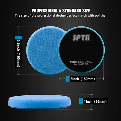 Blue T60 Moderate-Cut Foam Polishing Pads, SPTA 3Pcs 6.5 Inch Face for 6 Inch 150mm Backing Plate Compound Buffing Sponge Pads for Car Buffer Polisher Compounding, Polishing and Waxing -FPTSS6B-3