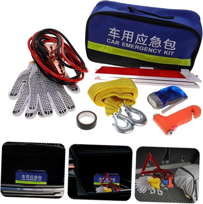 Car Roadside Emergency Tool Kit 8-Piece Multi-Function Vehicle Safety Set for Roadside Assistance Includes Tow Strap First Aid Kit and Reflective Vest