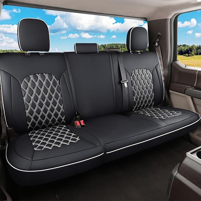Huidasource Rear Car Seat Covers Fit for Toyota Tacoma 2016-2023 Double & Crew Cab SR SR5 Limited TRD Sport/Pro/Off Road, Split Rear Bench Back Row Leather Seat Cover (Back Row/Black&White)