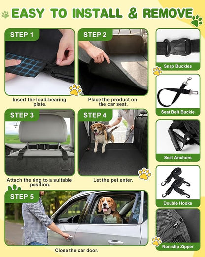 Back Seat Extender for Dogs, Hard Bottom Car Seat Cover Holds 440 LB, Waterproof Scratch Proof Nonslip Dog Seat Cover, Upgraded Material PU Leather Seat Covers Protector for Pet Sedan SUV Trucks