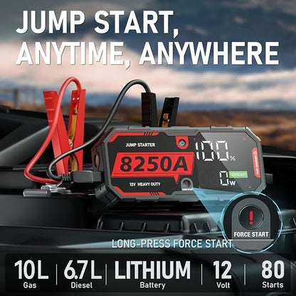 8250A Jump Starter Heavy Duty Jumper Starter Portable Battery Pack (Up to 10L Gas / 6.7L Diesel), 12V Auto Car Truck Battery Booster Jump Box with Power Bank, 48-Months Stand-by Time