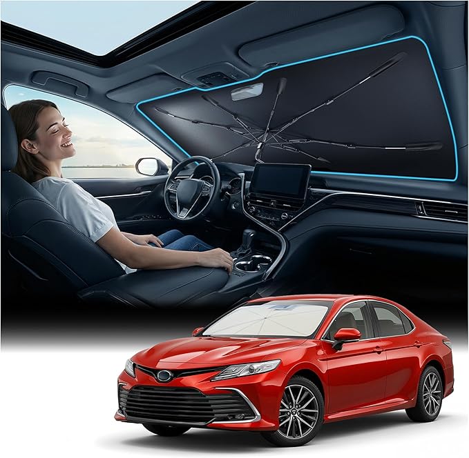 Nmoiss Windshield Sun Shade Umbrella for Toyota Corolla & Camry - [Vinyl Coating Heat Shield] Protect Car from Sun Rays & Heat Damage Keep Cool and Protect Interior, Spring Structure Edge