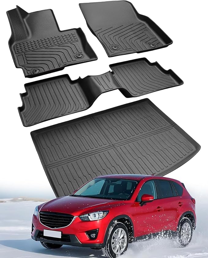 All Weather Car Floor Mats for Mazda CX5: 2013 2014 2015 2016 (1st Gen), Automotive Cargo Liner Full Set Accessory, Cutsom Fit for Mazda CX-5 SUV Tray Carpet Black Rubber Accessories Trunk Mat