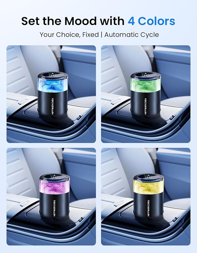 TECXERLLON Smart Car Air Freshener Diffuser with Ambient Light, Oil Level Indicator, 2 Scent Refills, Auto On/Off, 4 Mist Modes, 1600 Sprays Rechargeable Aroma Diffuser for Car, Home, Office, Bedroom