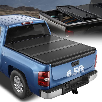 Auto Dynasty FRP Hard Tri-Fold Truck Bed Tonneau Cover Compatible with 2007-2014 Chevy Silverado GMC Sierra 1500 2500HD 3500HD 6.5Ft Fleetside Bed, Black Powdercoated