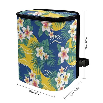 Talayituse Plumeria Palm Leaf Print Car Trash Bin, Large Size Auto Trash Can Adjustable Portable Garbage Can with Lid, Vehicle Hanging Bag for Headrest Front Back Seat