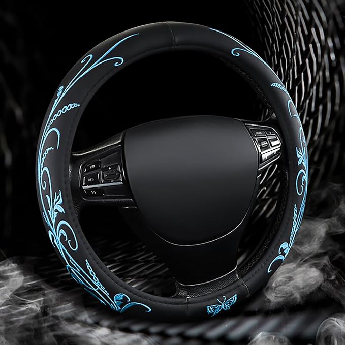 Blue Embroidery Butterfly Car Steering Wheel Cover,14.5-15 Inch Universal Leather Covers Breathable Anti-Slip Odorless Steering Wheels Accessories for Men Women