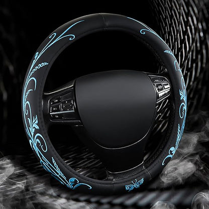 Blue Embroidery Butterfly Car Steering Wheel Cover,14.5-15 Inch Universal Leather Covers Breathable Anti-Slip Odorless Steering Wheels Accessories for Men Women