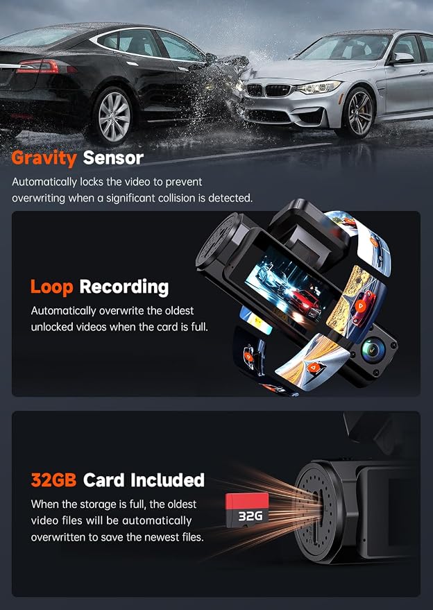 4K 3 Channel Dash Cam Front and Rear Inside, Dash Camera for Cars WDR Night Vision, 2 Inch IPS Screen WiFi App Control, 24H Parking Mode G-Sensor 32GB SD Card Included Support 256 GB Max
