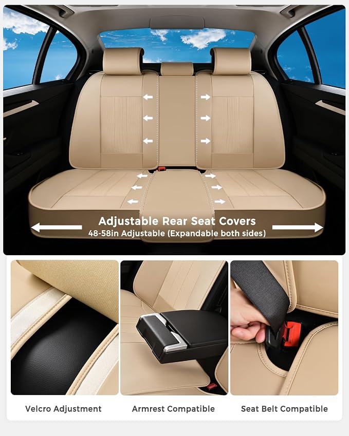 Huidasource Beige Back Seat Cover, Luxury Faux Leather Car Back Seat Cover, Velcro Adjustable, Compatible with Child Seat, Perforation Cooling＆Heating, Universal Fit for Most Cars Vans, Trucks, SUVs