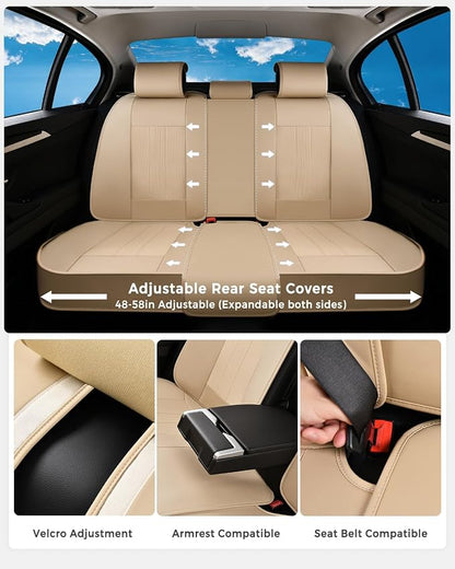 Huidasource Beige Back Seat Cover, Luxury Faux Leather Car Back Seat Cover, Velcro Adjustable, Compatible with Child Seat, Perforation Cooling＆Heating, Universal Fit for Most Cars Vans, Trucks, SUVs