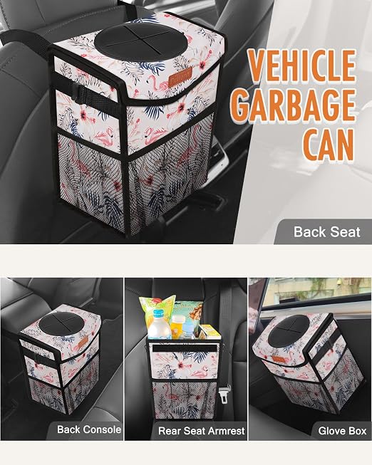 Pritent Car Trash Can with Lid, Cute Leakproof Car Trash Garbage Bag Hanging Vehicle Trash Bin Small Portable Automotive Garbage Cans Organizer for Back/Front Seat/Console(2.8 gal,Flamingo Print