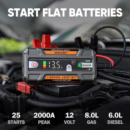 LOKITHOR J400 2000A 12V Portable Lithium Jump Starter, Car Battery Booster Pack, USB-C Powerbank Charger, and Jumper Cables for Upto 8.0-Liter Gas and 6.0-Liter Diesel Engines