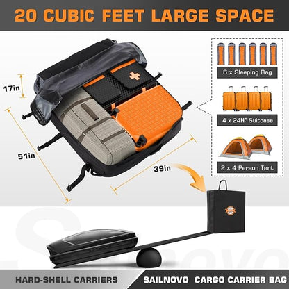 Sailnovo Soft Car Rooftop Cargo Carrier Roof Bag 20 Cubic Feet Waterproof Car Top Carrier, Fits Most Vehicle with/Without Rack, Include Anti-Slip Mat,6 Reinforced Straps,6 Door Hooks