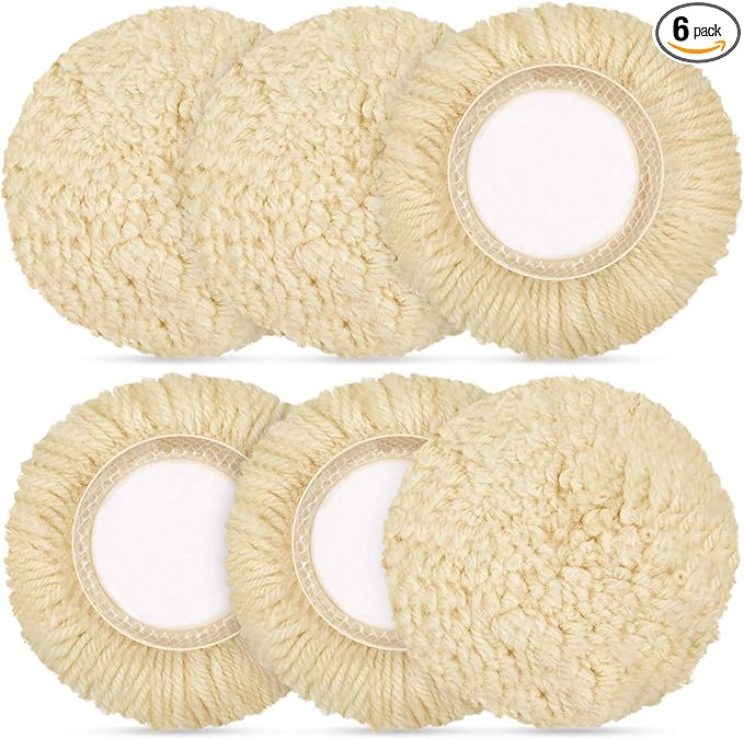 Tallew 6 Pcs 3 Inch Wool Polishing Pad Hook Loop Buffing Pad for Drill Curved Edge Compound Cutting Tool Drill Polisher Attachment Wheel Polish Kit Car Body Repair Buffing
