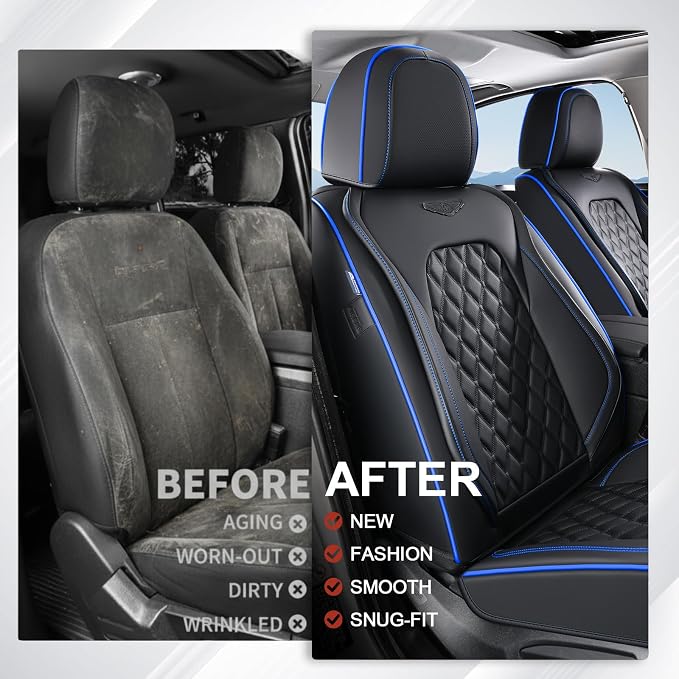 Coverado Full Set Car Seat Covers, Front & Back Luxury Faux Leather Waterproof Seat Covers,Car Seat Protectors, Universal Fit for Most Vehicles-Black & Blue