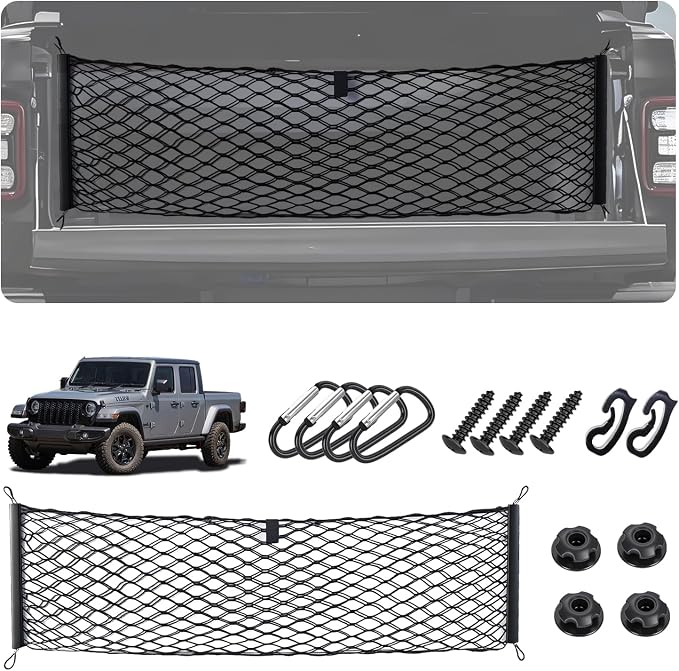 Envelope Style Cargo Net for 2020-2026 Jeep Gladiator Accessories, Rear Trunk SUV Mesh Cargo Net, Upgraded 5mm Bungee & Double-Layer Nylon Storage Tailgate Netting Grocery&Tools Holder Organizer