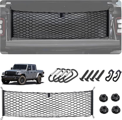 Envelope Style Cargo Net for 2020-2026 Jeep Gladiator Accessories, Rear Trunk SUV Mesh Cargo Net, Upgraded 5mm Bungee & Double-Layer Nylon Storage Tailgate Netting Grocery&Tools Holder Organizer