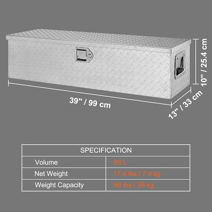 VEVOR Heavy Duty Aluminum Truck Bed Tool Box, Diamond Plate Tool Box with Side Handle and Lock Keys, Storage Tool Box Chest Box Organizer for Pickup, Truck Bed, RV, Trailer, 39"x13"x10", Silver