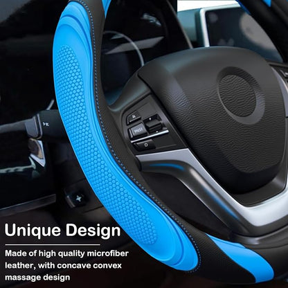 Concave Convex Massage Black Blue Microfiber Leather Steering Wheel Cover, 14.5-15 Inch Non-Slip Breathable Microfiber Car Steering Wheel Protector