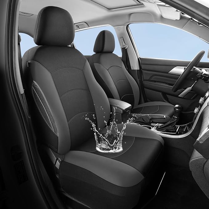HChengkikz Car Seat Covers Front Seat, Waterproof Neoprene Car Seat Covers, Airbag Compatible, All Season Protection Universal Fit Most Cars, Trucks, SUVs (Black + Darkgray)