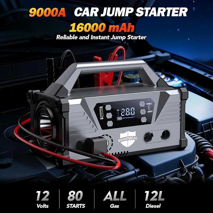 Sharmeal Jump Starter with Air Compressor，9000A Car Battery Jump Starter (All Gas/12.0L Diesel)，200PSI Car Battery Jumper Starter Portable 12V Jump Box with Jumper Cables, LED Light