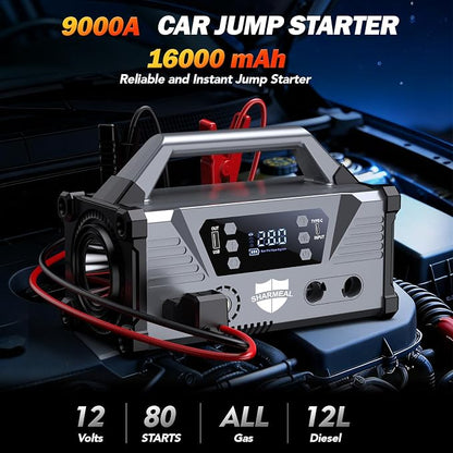 Sharmeal Jump Starter with Air Compressor，9000A Car Battery Jump Starter (All Gas/12.0L Diesel)，200PSI Car Battery Jumper Starter Portable 12V Jump Box with Jumper Cables, LED Light