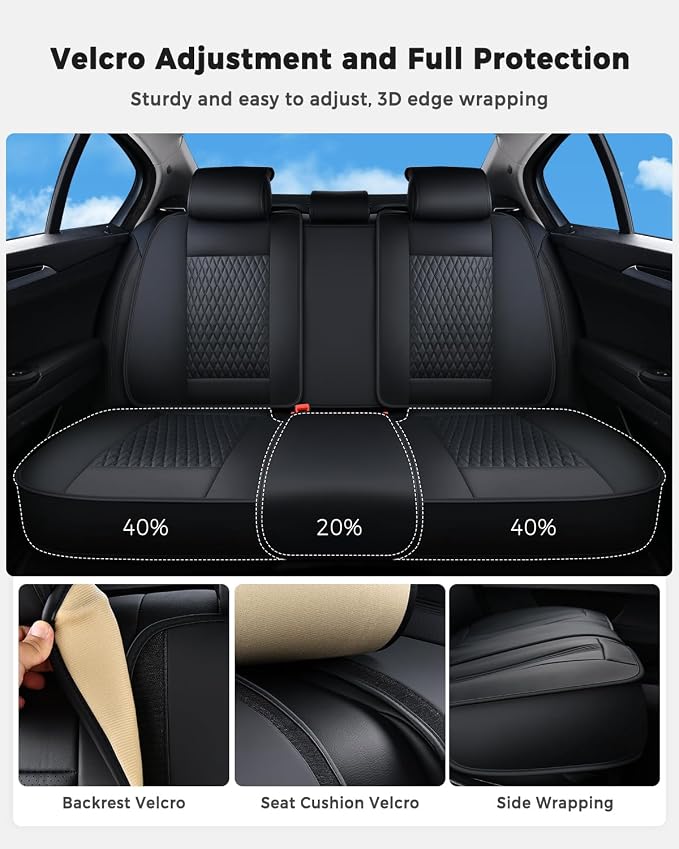 Huidasource Back Seat Covers, Luxury Nappa Leather Rear Seat Cover with Velcro Adjustable, Child Seats, Ventilation Holes, Seat Belts, Car Back Seat Cover Universal Fit for Most Cars SUV Trucks, Black