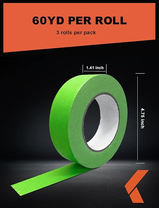 KREFINISH Painters Tape for Cars - Green, No Residue, Automotive Masking Tape - Heat Resistant for Paint Booth, 1.4 Inches x 60 Yards, 3 Rolls