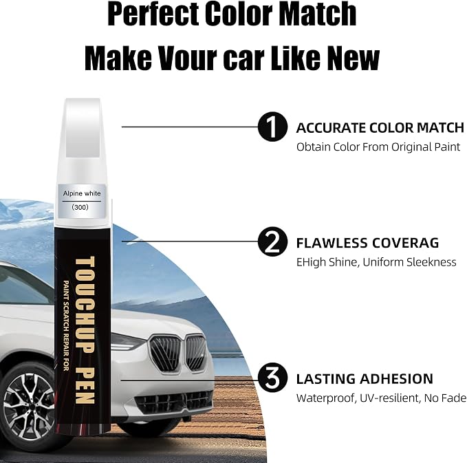 Alpine White(300) Car Paint Touch Up Pen Compatible with BMW, 2-In-1 Color Accurate Touch Up Car Scratch Repair Paint Exact Match BMW Series Premium Automotive Scratch Remover for Nicks & Chips Repair