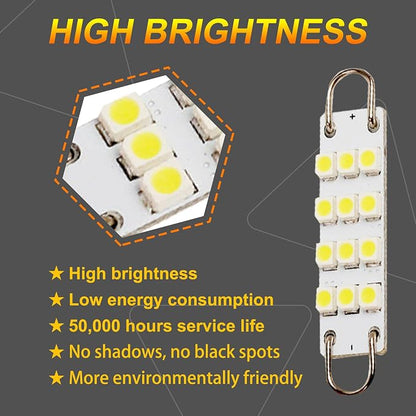 Festoon Rigid Loop LED Lights, 44mm, 6000K White, 561 562 567 564, Fit for Car Interior, Dome, Map, Door Courtesy, Gloves Box and Trunk Lighting (4-Pack)