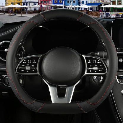 Microfiber Leather D Shaped Steering Wheel Cover, Breathable, Anti Slip, 13.5 inch to 14 inch, Black