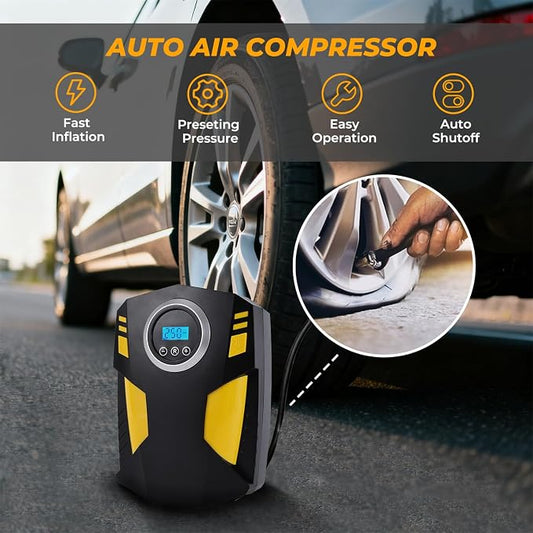 All-in-One Car Emergency Kit with Digital Tire Inflator, Jumper Cable, Tow Strap, Reflective Triangle, First Aid Kit, Hand Crank Flashlight, and Repair Tools for Roadside Safety (Black)