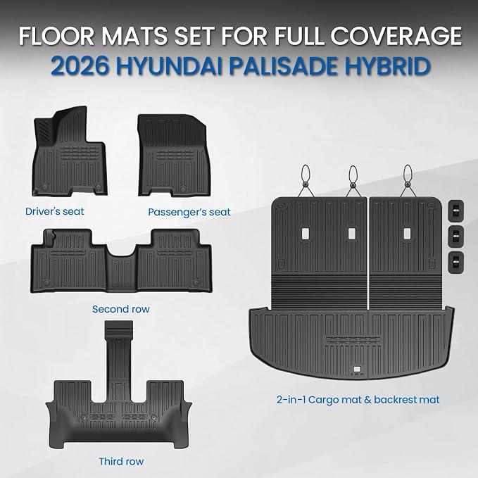 Floor Mats Set for 2026 Hyundai Palisade Hybrid 7/8 Seats (Not Fit Gas), All Weather TPE Backrest Mat Cargo Mat Floor Liner Accessories, Waterproof and Durable Car Mats