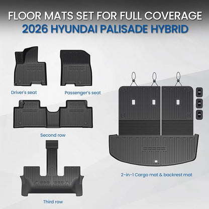 Floor Mats Set for 2026 Hyundai Palisade Hybrid 7/8 Seats (Not Fit Gas), All Weather TPE Backrest Mat Cargo Mat Floor Liner Accessories, Waterproof and Durable Car Mats