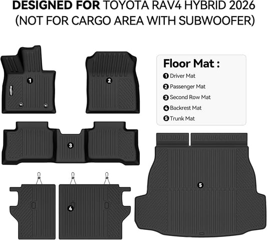 Floor Mats for Toyota RAV4 Hybrid 2026(Not for Phev), Trunk Mat and Backrest Mat All Weather TPE Protector for Toyota RAV4 Accessories(Not for Cargo Area with subwoofer)
