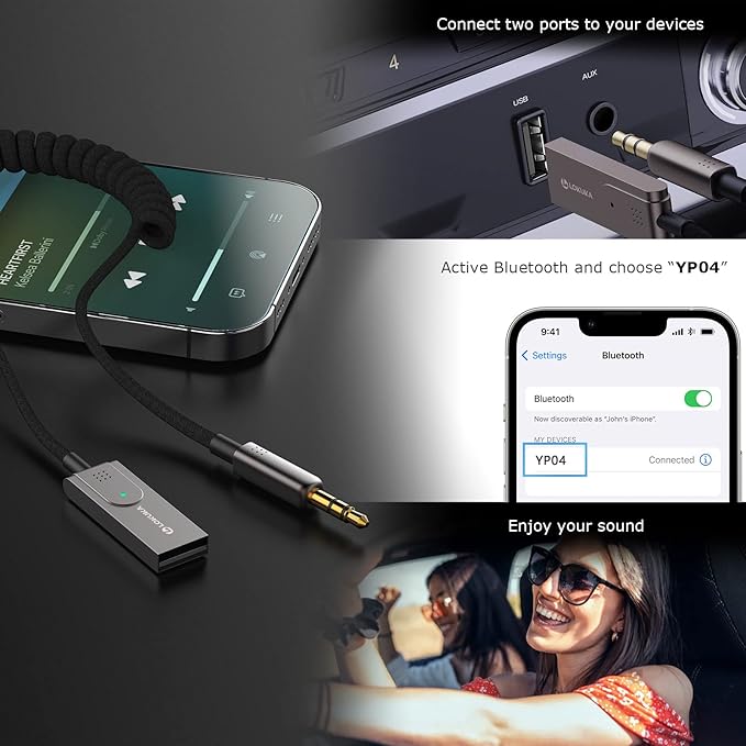 Bluetooth 5.3 to Aux Adapter for Car, USB to TRS 3.5mm Receiver - Adds Bluetooth to Car, Speaker, Home Stereo Audio for Hands-Free Calls, Voice Navigation, Phone Music - Brown