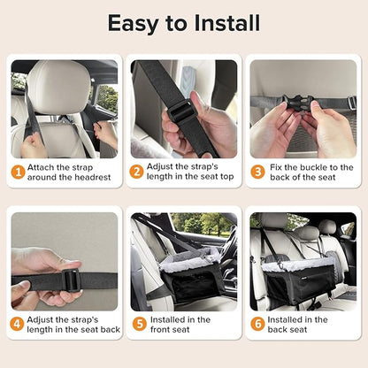 JOEJOY Deluxe Dog Booster Seat with Sturdy Metal Frame and Safety Leash for Small Pets up to 20 lbs - Portable Puppy Dog Car Seat with Thick Cushion and Storage Pockets for Small Dogs, Black