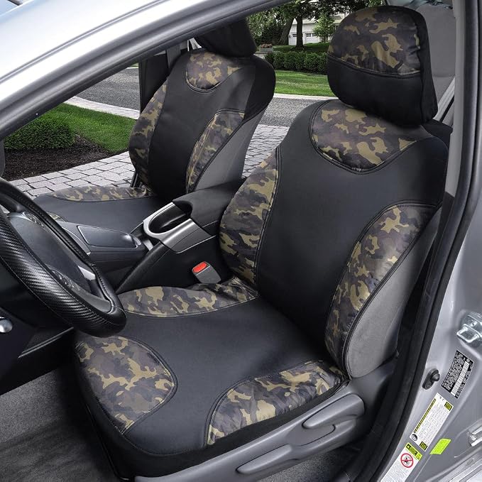 BDK Waterproof Camo Seat Covers for Car Truck Van SUV, 2 Pack – Two-Tone Black & Camouflage, Durable Neoprene Seat Protectors, Sideless Design Compatible with Armrests and Airbags
