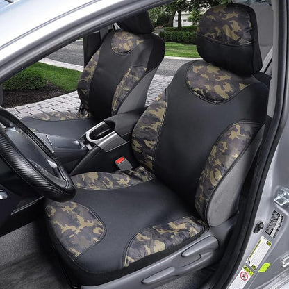 BDK Waterproof Camo Seat Covers for Car Truck Van SUV, 2 Pack – Two-Tone Black & Camouflage, Durable Neoprene Seat Protectors, Sideless Design Compatible with Armrests and Airbags