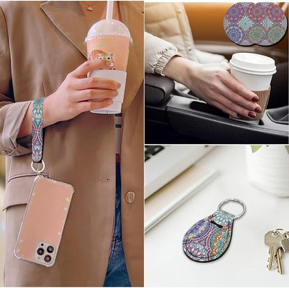 14 Pcs Art Mandala Car Seat Covers Full Set with Steering Wheel Cover,Seat Belt Covers Cup Holder Center Console with Keychain Universal Fit Interior Accessories for SUV Truck