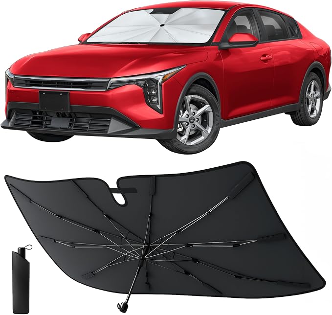 Econour Windshields Sun Shade Umbrella for Car | Medium Foldable Car Sunshade | UV & Heat Protection Front Window Sun Shield, Keeps Interior Cool, Fits Sedans SUVs & Trucks (57” x 33”)