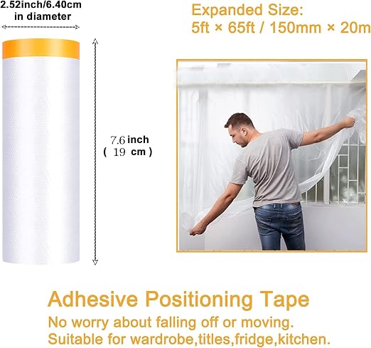 Tape and Drape, Pre-Taped Masking Film, 2 Rolls Automotive Best Tape and Drape Painters Paper, Paint Adhesive Protective Film Roll for Covering Skirting, Frames, Cars and Auto Body (59inchs x 65 feet)