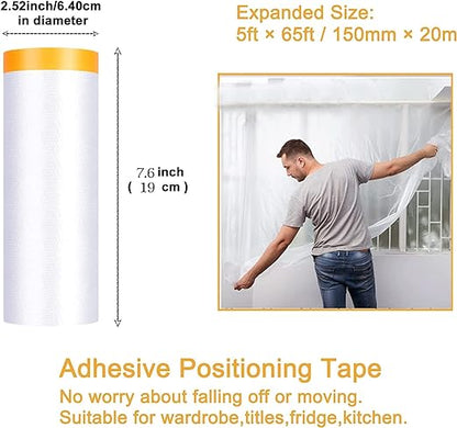 Painters Plastic With Tape, Pre-Taped Masking Film, 10 Rolls Automotive Best Tape and Drape, Paint Adhesive Protective Film Roll for Covering Skirting, Frames, Cars and Auto Body (5 X 65-Feet) (10)
