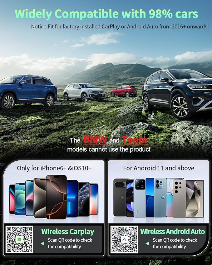 Wireless CarPlay & Android Auto Adapter 1-Inch (2.54cm) - Discreet Plug & Play, Stable Connection for Music/Navigation, Works with iPhone iOS 10+ & Android 11+,for 98% of Cars (2016-2025) (Black)