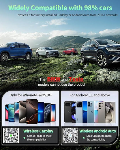 Wireless CarPlay & Android Auto Adapter 1-Inch (2.54cm) - Discreet Plug & Play, Stable Connection for Music/Navigation, Works with iPhone iOS 10+ & Android 11+,for 98% of Cars (2016-2025) (Black)