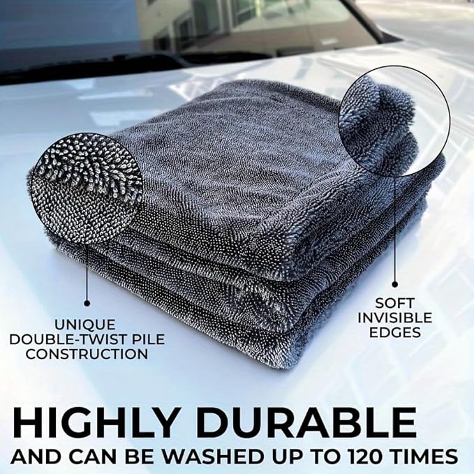 1200GSM Microfiber Car Drying Towel, Double-Twist Loop, Ultra-Absorbent, Quick-Dry, Lint- & Streak-Free, Scratch-Safe, for Car Wash & Detailing (1 Pack) (Dark Grey, 16" x 24")