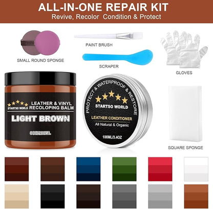 STARTSO WORLD 200Ml Leather Recoloring Balm with 100ML Leather Conditioner, Light Brown Leather Repair Kit for Furniture, Leather Dye, Leather Scratch Repair, Leather Couch Paint