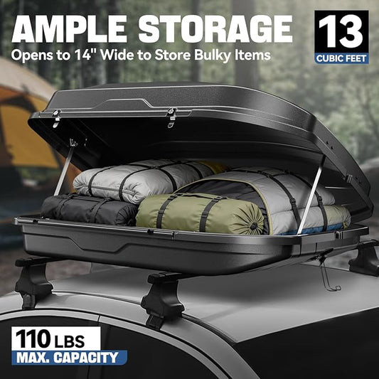 Auto Dynasty Roof Top Mount Car Storage Travel Luggage Box Cargo Carrier, 56.3 (L) x 36.8 (W) x 16.25 (H) Inches, Capacity 110 Pounds, 13 Cubic Feet (Tool-Free Install), Textured Black Finish